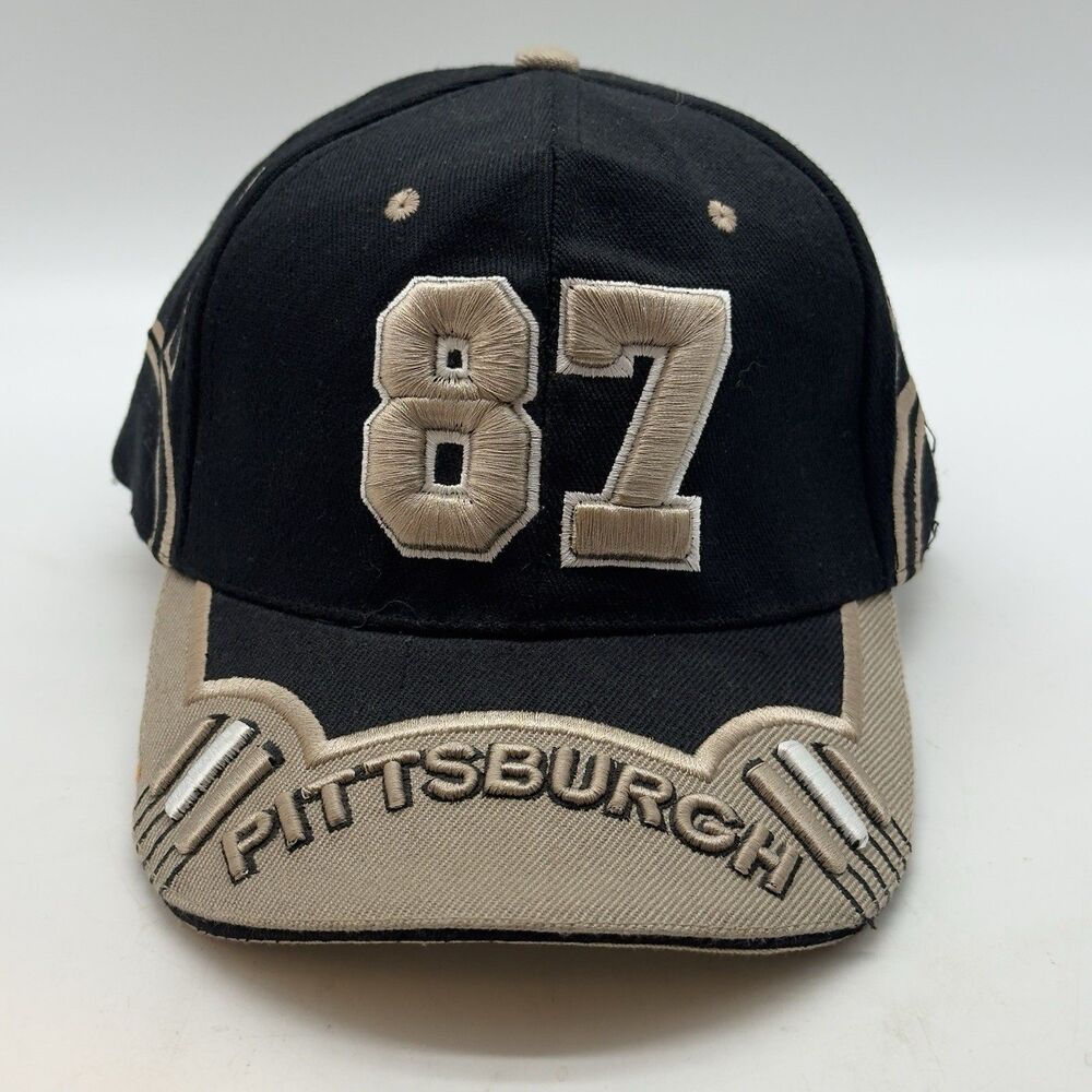 Pittsburg Penguins Cap Crosby 87 Embroidered 3D Logo Hat Black  Gold Hook & Loop